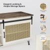 imageVINGLI Rattan TV Stand for TVs up to 75 Inch Farmhouse Boho Entertainment Center with Sliding Barn Door for Living Room White 70W x158D x236H