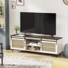 imageVINGLI Rattan TV Stand for TVs up to 75 Inch Farmhouse Boho Entertainment Center with Sliding Barn Door for Living Room White 70W x158D x236H