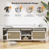imageVINGLI Rattan TV Stand for TVs up to 75 Inch Farmhouse Boho Entertainment Center with Sliding Barn Door for Living Room White 70W x158D x236H