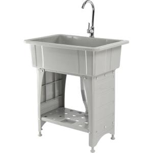 imageVINGLI 20Gallon Utility Sink Laundry Tub for Washing Room Freestanding Utility Sink with Stainless Steel Faucet 224quotD x 323quotW x 496quotHFaucet included WhiteGray