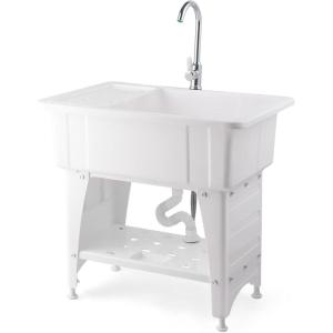 imageVINGLI 20Gallon Utility Sink Laundry Tub for Washing Room Freestanding Utility Sink with Stainless Steel Faucet 224quotD x 323quotW x 496quotHFaucet included WhiteWhite