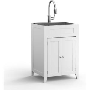 imageVINGLI 24Inch Laundry Sink with Cabinet and PullOut Sprayer Faucet Stainless Steel Utility Sink with Cabinet White Cabinet with Sink for Laundry ampamp Utility Room Kitchen Bathroom BasementWhite