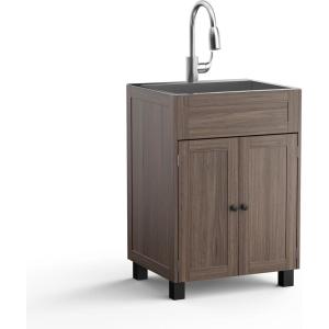 imageVINGLI 24Inch Laundry Sink with Cabinet and PullOut Sprayer Faucet Stainless Steel Utility Sink with Cabinet White Cabinet with Sink for Laundry ampamp Utility Room Kitchen Bathroom BasementBrown