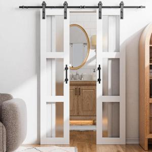 imageVINGLI 36in x 84in Glass Barn Door with 66ft Sliding Barn Door Hardware Kit ampampHandles PreDrilled Holes Easy Assembly Solid Wood Slab White Sliding Door Double 18quotx84quot Doors  66 Track Kit