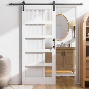 imageVINGLI 36in x 84in Glass Barn Door with 66ft Sliding Barn Door Hardware Kit ampampHandles PreDrilled Holes Easy Assembly Solid Wood Slab White Sliding Door