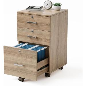 imageVINGLI 3Drawer File Cabinet with Lock Wood Rolling Filing Cabinets for Home Office Mobile Printer Stand Under Desk File Organizer for Letter Sized Files 26quot HCaster Included OakOak