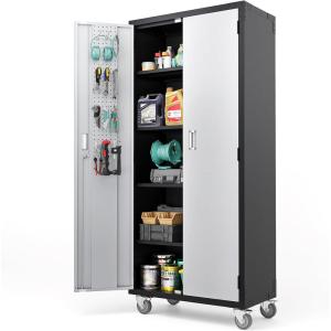 imageVINGLI 72 Tall Garage Storage Cabinet Metal Storage Cabinet with Wheels Locking Doors and Adjustable Shelves Black ampamp Silver 32W x 16D x 72HBlack  Silver