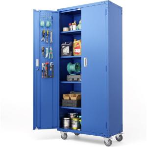 imageVINGLI 72 Tall Garage Storage Cabinet Metal Storage Cabinet with Wheels Locking Doors and Adjustable Shelves Black ampamp Silver 32W x 16D x 72HBlue
