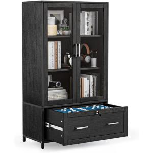 imageVINGLI Lateral File Cabinet with Glass Doors and Locking Drawer for Hanging File Folders Bookshelf with Adjustable Shelves for Home Office White 30W x 16D x 55HBlack