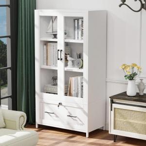 imageVINGLI Lateral File Cabinet with Glass Doors and Locking Drawer for Hanging File Folders Bookshelf with Adjustable Shelves for Home Office White 30W x 16D x 55HWhite