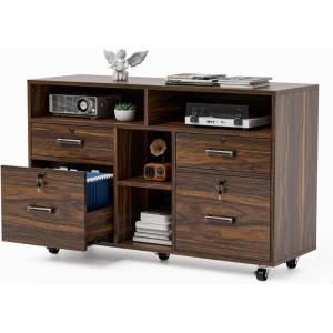 imageVINGLI Wood Mobile File Cabinet with 4 Drawers and Shelves Printer Stand with Open Storage Lockable Lateral Filing Cabinet for Home Office Assembly Required Light Beige Close to WhiteDark Brown