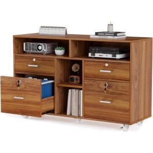 imageVINGLI Wood Mobile File Cabinet with 4 Drawers and Shelves Printer Stand with Open Storage Lockable Lateral Filing Cabinet for Home Office Assembly Required Light Beige Close to WhiteWalnut