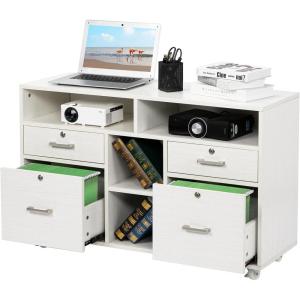 imageVINGLI Wood Mobile File Cabinet with 4 Drawers and Shelves Printer Stand with Open Storage Lockable Lateral Filing Cabinet for Home Office Assembly Required Light Beige Close to WhiteWhite