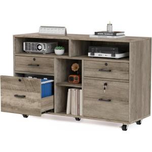 imageVINGLI Wood Mobile File Cabinet with 4 Drawers and Shelves Printer Stand with Open Storage Lockable Lateral Filing Cabinet for Home Office Assembly Required Light Beige Close to WhiteRustic Grey