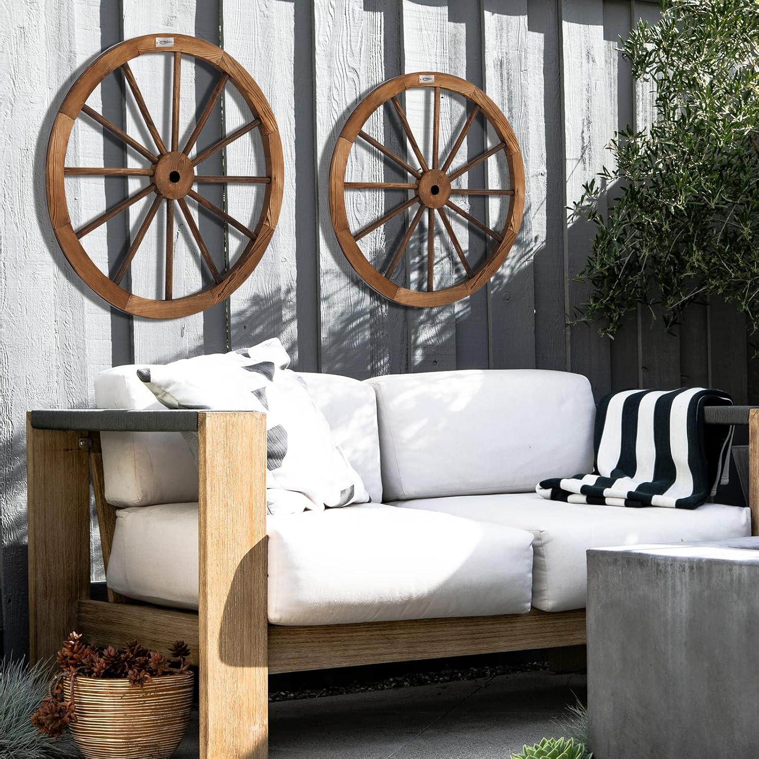 imageVINGLI 24quot Decorative Wooden Wheel Set of 2 Vintage Old Western Style Wall Hanging Wood Wagon Wheel for Bar Garage Patio Carbonized Solid Fir Wood30