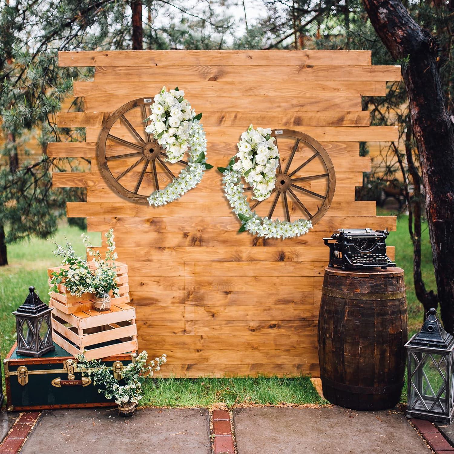 imageVINGLI 24quot Decorative Wooden Wheel Set of 2 Vintage Old Western Style Wall Hanging Wood Wagon Wheel for Bar Garage Patio Carbonized Solid Fir Wood30