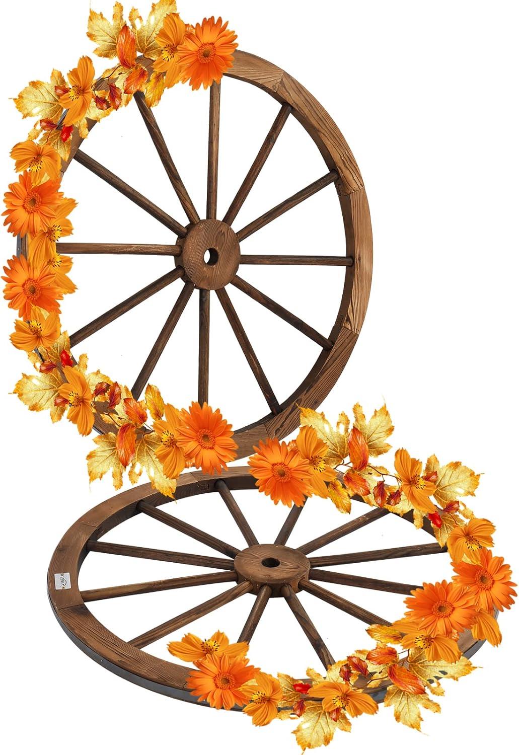imageVINGLI 24quot Decorative Wooden Wheel Set of 2 Vintage Old Western Style Wall Hanging Wood Wagon Wheel for Bar Garage Patio Carbonized Solid Fir Wood30