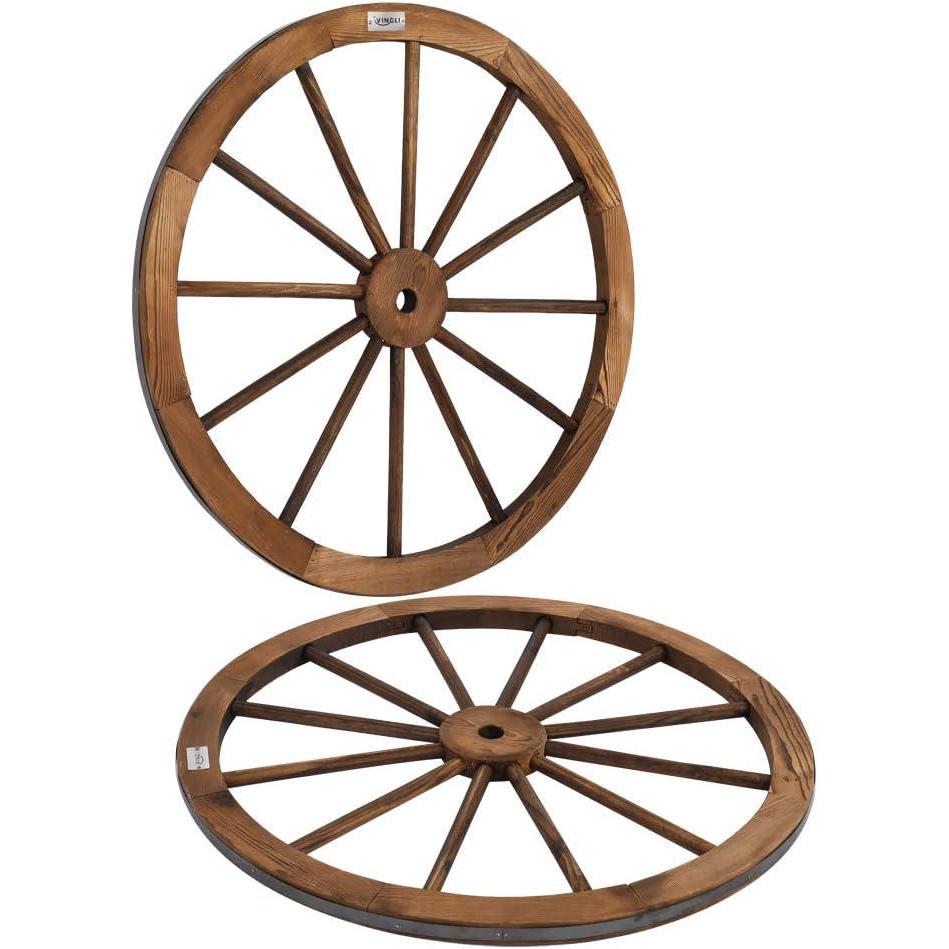 imageVINGLI 24quot Decorative Wooden Wheel Set of 2 Vintage Old Western Style Wall Hanging Wood Wagon Wheel for Bar Garage Patio Carbonized Solid Fir Wood30