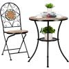 imageVINGLI Mosaic Outdoor Side Table 14quot Round End Table Accent Table Ceramic Tile Top Black IronBrown FlowerOrange
