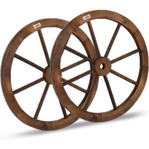 imageVINGLI 24quot Decorative Wooden Wheel Set of 2 Vintage Old Western Style Wall Hanging Wood Wagon Wheel for Bar Garage Patio Carbonized Solid Fir Wood24