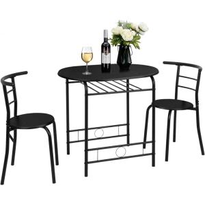 imageVINGLI 3 Piece Dining SetSmall Kitchen Table Set for 2Breakfast Table SetKitchen Wooden Table and 2 Chairs for Small SpaceDining RoomApartmentMetal FrameWine RackWhiteampampWarm OakBlack