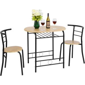 imageVINGLI 3 Piece Dining SetSmall Kitchen Table Set for 2Breakfast Table SetKitchen Wooden Table and 2 Chairs for Small SpaceDining RoomApartmentMetal FrameWine RackWhiteampampWarm OakBlacknatural