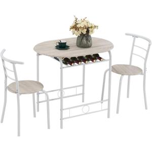 imageVINGLI 3 Piece Dining SetSmall Kitchen Table Set for 2Breakfast Table SetKitchen Wooden Table and 2 Chairs for Small SpaceDining RoomApartmentMetal FrameWine RackWhiteampampWarm OakWhitelight Oak