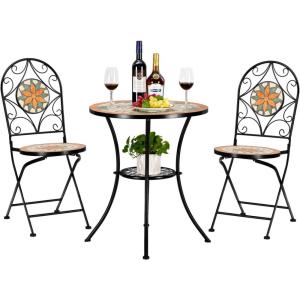 imageVINGLI 3 Pieces Garden Patio Mosaic Table Outdoor Bistro Set with Folding ChairsBlack Iron Frame