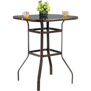 imageVINGLI 32quot IndoorOutdoor Bar Height Table Square Tempered Glass Metal Table for Patio Backyard Poolside and Garden BrownBrown