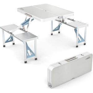 imageVINGLI 4Ft Folding Camping Picnic Table with SeatsUmbrella Hole265 Lbs Support That Lightweight and Fold Up Card Suitcase Table Aluminum Alloy Frame RV Tabletop with Soft HandlWhite
