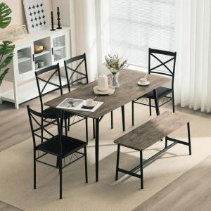 imageVINGLI 55in Modern Dining Table Set for 6 Rectangular Kitchen Dining Table Bench 6 Piece Wooden Dinner Table Set with Upholstered Chairs for Kitchen Dining Room Apartment  Dark GreyRustic Brown