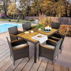 imageVINGLI 7 PCS Patio Dining Set Wicker Patio Furniture Set with Acacia Wood Table Top Outdoor Dining Set for 6 Patio Dining Table Rattan Patio Conversation Set for Garden and Yard