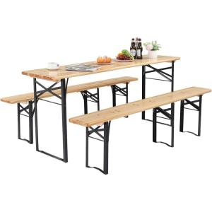imageVINGLI 70 Inch Folding Picnic Tables with Benches Set WeatherResistant Wooden Beer Garden Table Bench 3Piece Portable Fold Up Camping BBQ Table wCarrying Handles