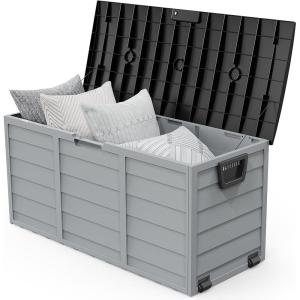 imageVINGLI 75 Gallon Outdoor Storage Box Lockable Plastic Storage Containers with Lid Patio Deck Box Furniture for Garden Pool Balcony Yard GreyBlack
