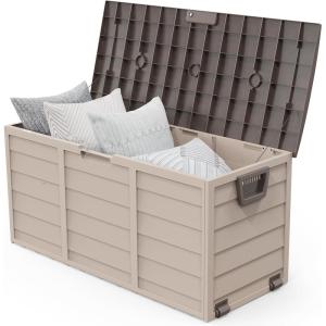 imageVINGLI 75 Gallon Outdoor Storage Box Lockable Plastic Storage Containers with Lid Patio Deck Box Furniture for Garden Pool Balcony Yard GreyCoffee