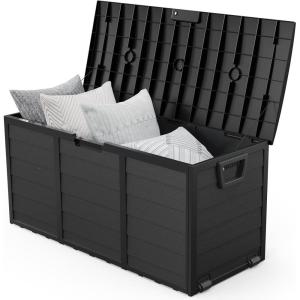 imageVINGLI 75 Gallon Outdoor Storage Box Lockable Plastic Storage Containers with Lid Patio Deck Box Furniture for Garden Pool Balcony Yard GreyFull Black