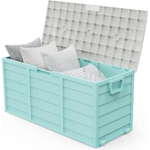 imageVINGLI 75 Gallon Outdoor Storage Box Lockable Plastic Storage Containers with Lid Patio Deck Box Furniture for Garden Pool Balcony Yard GreyGreen