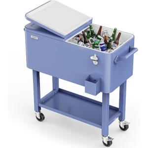 imageVINGLI 80 Quart Rolling Ice Chest Portable Patio Party Bar Drink Cooler Cart with Shelf Beverage Pool with Bottle OpenerHaze Blue