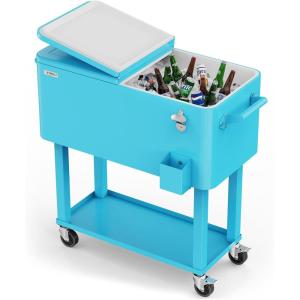 imageVINGLI 80 Quart Rolling Ice Chest Portable Patio Party Bar Drink Cooler Cart with Shelf Beverage Pool with Bottle OpenerLight Blue
