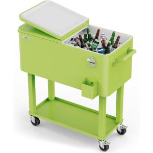 imageVINGLI 80 Quart Rolling Ice Chest Portable Patio Party Bar Drink Cooler Cart with Shelf Beverage Pool with Bottle OpenerLight Green