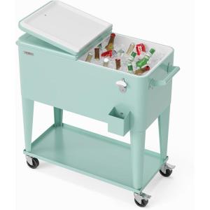 imageVINGLI 80 Quart Rolling Ice Chest Portable Patio Party Bar Drink Cooler Cart with Shelf Beverage Pool with Bottle OpenerMint Green