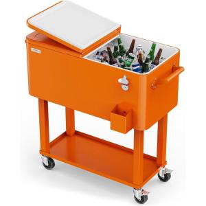 imageVINGLI 80 Quart Rolling Ice Chest Portable Patio Party Bar Drink Cooler Cart with Shelf Beverage Pool with Bottle OpenerOrange