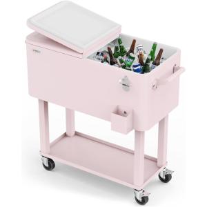 imageVINGLI 80 Quart Rolling Ice Chest Portable Patio Party Bar Drink Cooler Cart with Shelf Beverage Pool with Bottle OpenerPink