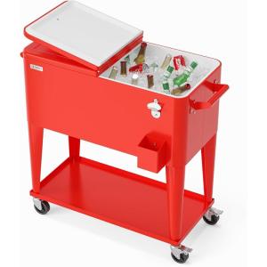 imageVINGLI 80 Quart Rolling Ice Chest Portable Patio Party Bar Drink Cooler Cart with Shelf Beverage Pool with Bottle OpenerRed