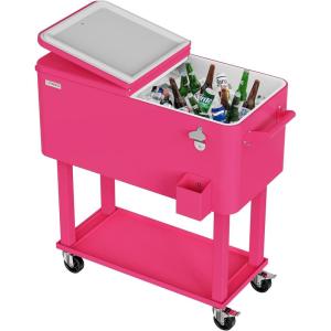 imageVINGLI 80 Quart Rolling Ice Chest Portable Patio Party Bar Drink Cooler Cart with Shelf Beverage Pool with Bottle OpenerShocking Pink