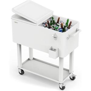imageVINGLI 80 Quart Rolling Ice Chest Portable Patio Party Bar Drink Cooler Cart with Shelf Beverage Pool with Bottle OpenerWhite