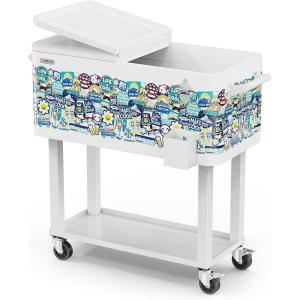 imageVINGLI 80 Quart Rolling Ice Chest Portable Patio Party Bar Drink Cooler Cart with Shelf Beverage Pool with Bottle OpenerWhite with MultiColored