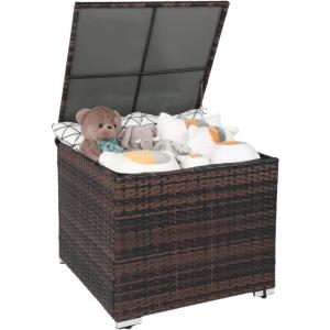 imageVINGLI 88 Gallon Outdoor Rattan Deck Box wAdjustable Feet Patio Wicker Storage Box for Tools and Supplies Storage Garden Deck Storage Bin for Garden Balcony Porch Pool Yard Brown