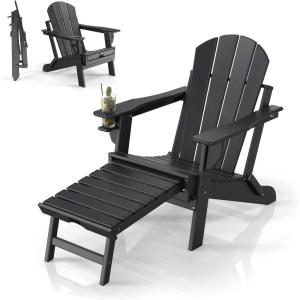 imageVINGLI Folding Adirondack Chair Set of 4 with Ottoman Waterproof Plastic HDPE Firepit Chair for Outside with Hidden Footrests Foldable Ergonomics Seating for Patio Porch Yard GardenTeakBlack