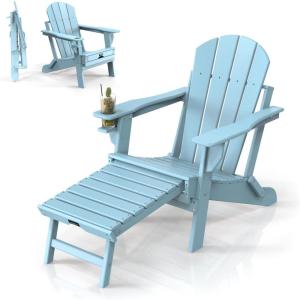 imageVINGLI Folding Adirondack Chair Set of 4 with Ottoman Waterproof Plastic HDPE Firepit Chair for Outside with Hidden Footrests Foldable Ergonomics Seating for Patio Porch Yard GardenTeakBlue